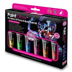 UV sejas un ķermeņa krāsas PaintGlow PRO Neon, komplekts UV sejas un ķermeņa krāsas PaintGlow PRO Neon, komplekts